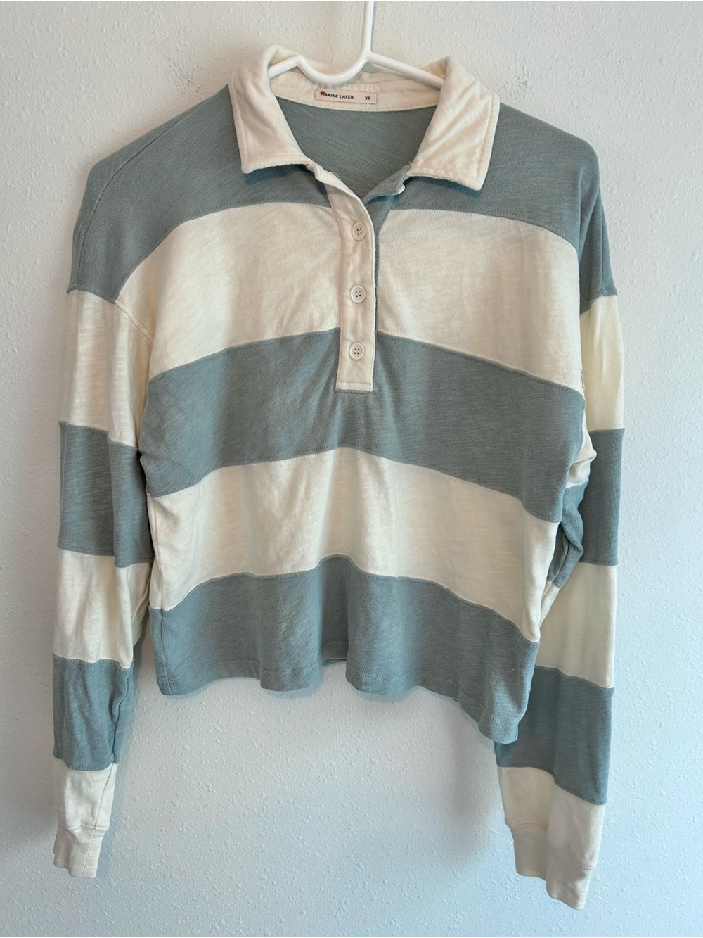 Marine Layer Cropped Rugby Polo Top Women’s XS Blue White Stripe Cotton Preppy